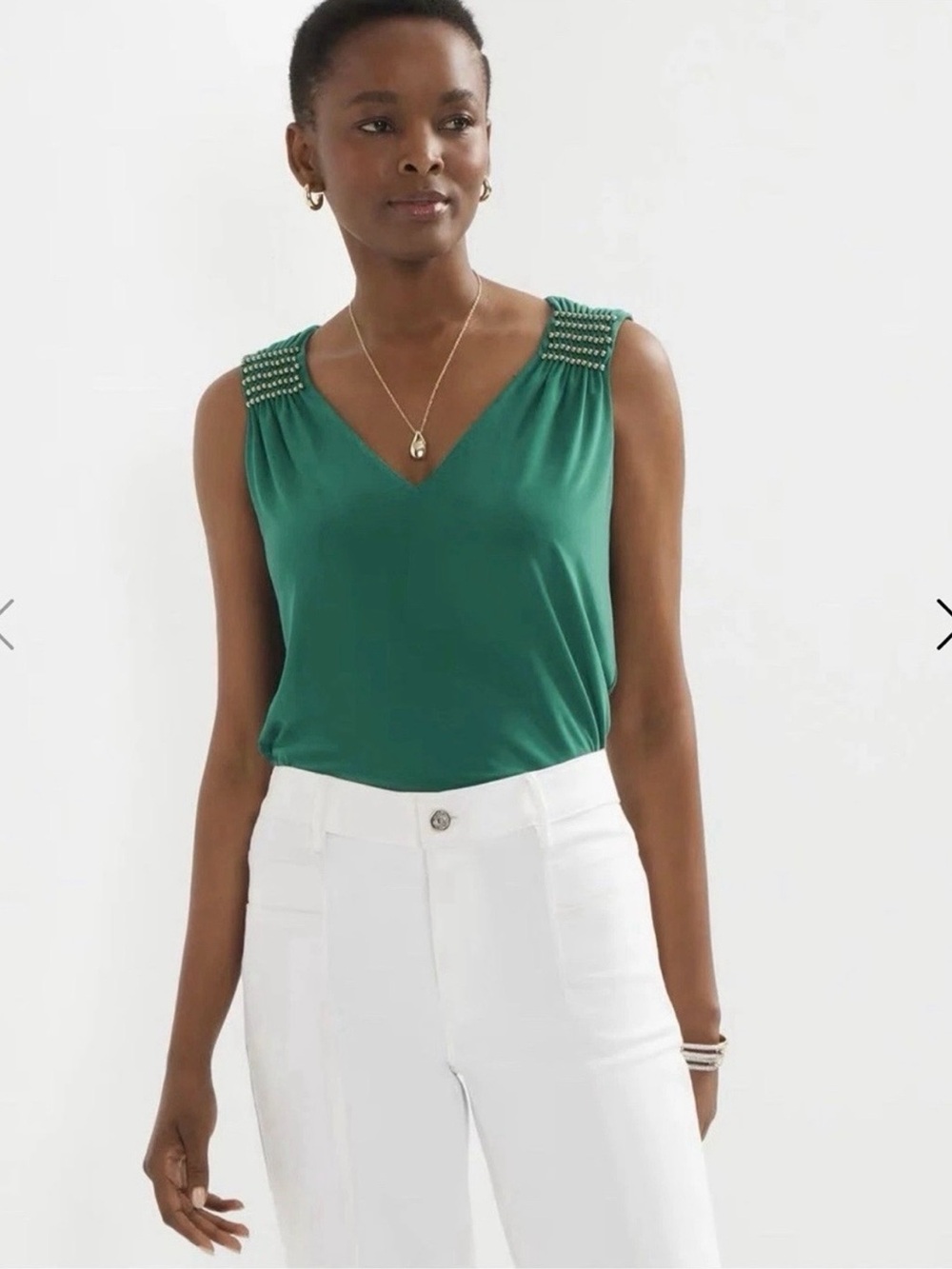 White House Black Market Beaded Shoulder V-Neck Matte Tank